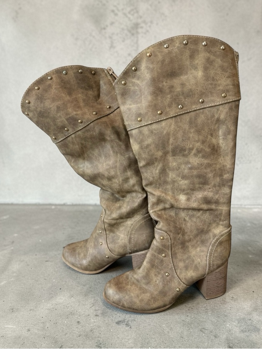 Studded Taupe Women's Mid-Calf Block Heel Boots Dolce Mojo Moxy